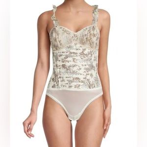 NWT Free People Weekend Plans Floral Lace Ruffle Sleeveless Thong Bodysuit SZ M